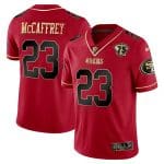 San Francisco 49ers #23 Christian McCaffrey Red Gold 75 Anniversary Patch Limited Stitched Jersey