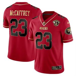 San Francisco 49ers #23 Christian McCaffrey Red Gold 75 Anniversary Patch Limited Stitched Jersey