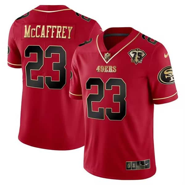 San Francisco 49ers #23 Christian McCaffrey Red Gold 75 Anniversary Patch Limited Stitched Jersey
