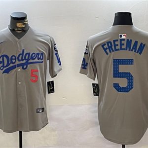 Los Angeles Dodgers #5 Freddie Freeman Gray 2024 World Series Champions With Fernando Memorial Patch Limited Stitched Jersey