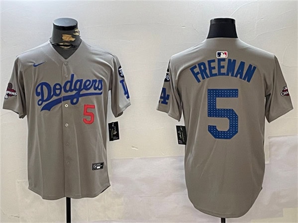Los Angeles Dodgers #5 Freddie Freeman Gray 2024 World Series Champions With Fernando Memorial Patch Limited Stitched Jersey