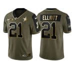 Dallas Cowboys #21 Ezekiel Elliott 2021 Olive Salute To Service Golden Limited Stitched Jersey