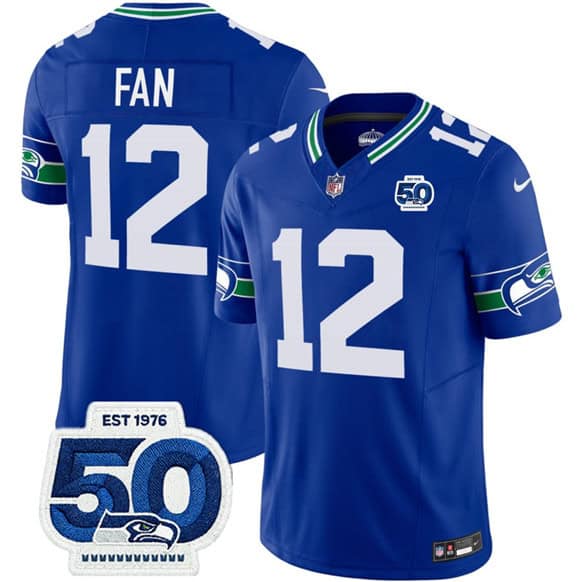 Seattle Seahawks #12 Fan Royal 2025 F.U.S.E 50th Anniversary Patch Throwback Vapor Limited Football Stitched Jersey