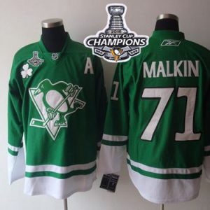 Penguins #71 Evgeni Malkin Green St Patty's Day 2016 Stanley Cup Champions Stitched Jersey