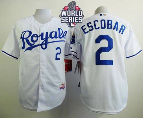 Royals #2 Alcides Escobar White Cool Base W 2015 World Series Patch Stitched Jersey