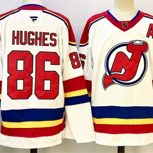 New Jersey Devils #86 Jack Hughes White Red 2024-25 With A Patch Stitched Jersey