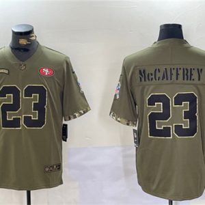 San Francisco 49ers #23 Christian McCaffrey Olive 2022 Salute To Service Limited Stitched Jersey