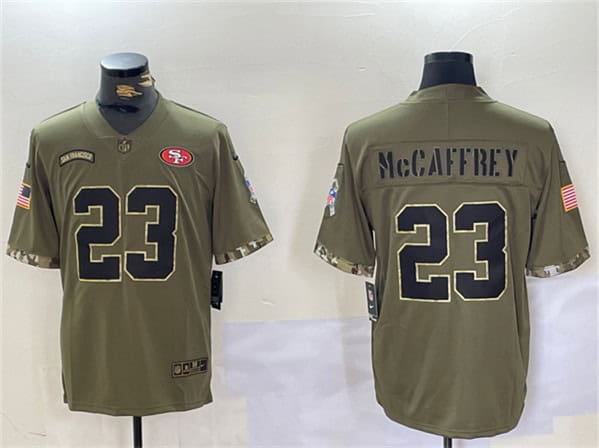 San Francisco 49ers #23 Christian McCaffrey Olive 2022 Salute To Service Limited Stitched Jersey