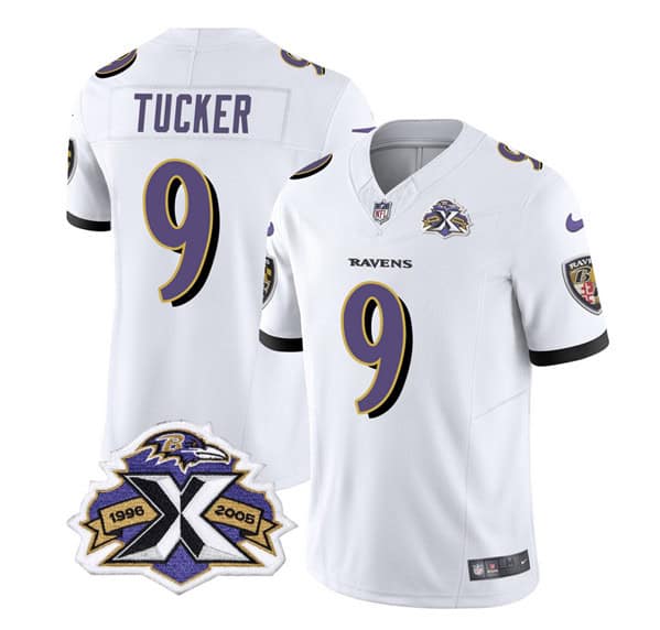 Baltimore Ravens #9 Justin Tucker White 2023 F.U.S.E With Patch Throwback Vapor Limited Stitched Jersey