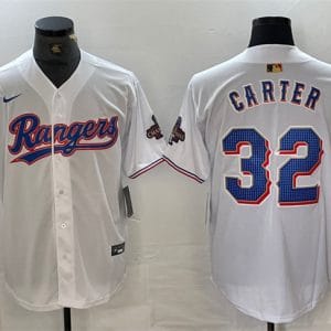 Texas Rangers #32 Evan Carter White Gold Cool Base Stitched Jersey