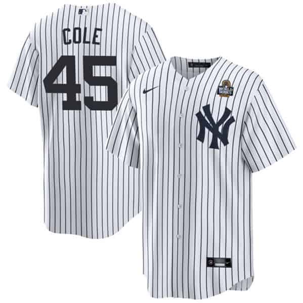 New York Yankees #45 Gerrit Cole White 2024 World Series With Name Cool Base Stitched Jersey