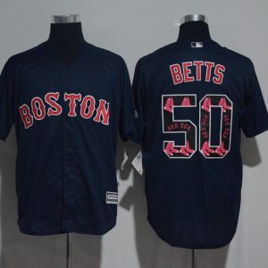 Boston Red Sox #50 Mookie Betts Navy Team Logo Print Cool Base Stitched Jersey
