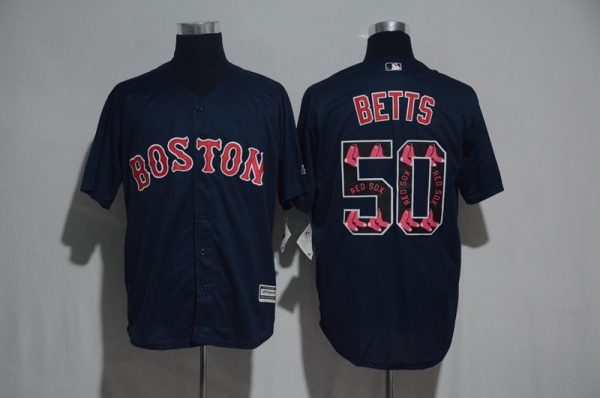 Boston Red Sox #50 Mookie Betts Navy Team Logo Print Cool Base Stitched Jersey