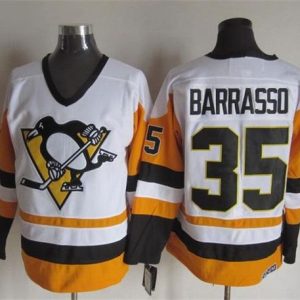 Penguins #35 Tom Barrasso White Black CCM Throwback Stitched Jersey