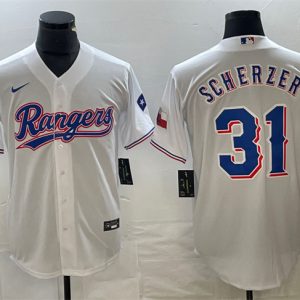 Texas Rangers #31 Max Scherzer White With Patch Cool Base Stitched Jersey
