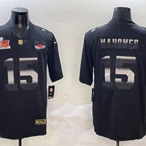Kansas City Chiefs #15 Patrick Mahomes Black 2025 Super Bowl LIX Patch Shadow Vapor Limited Stitched Jersey