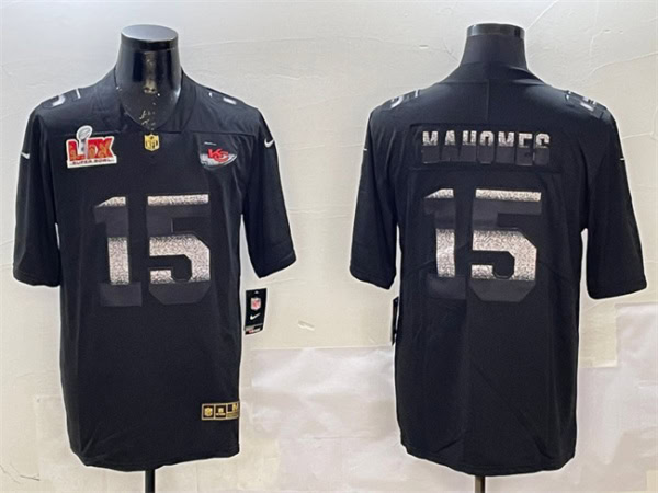 Kansas City Chiefs #15 Patrick Mahomes Black 2025 Super Bowl LIX Patch Shadow Vapor Limited Stitched Jersey