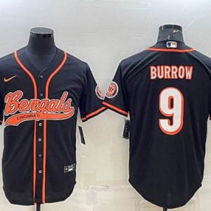 Cincinnati Bengals #9 Joe Burrow Black With Patch Cool Base Stitched Baseball Jersey