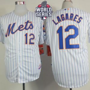 Mets #12 Juan Lagares White(Blue Strip) Home Cool Base W 2015 World Series Patch Stitched Jersey