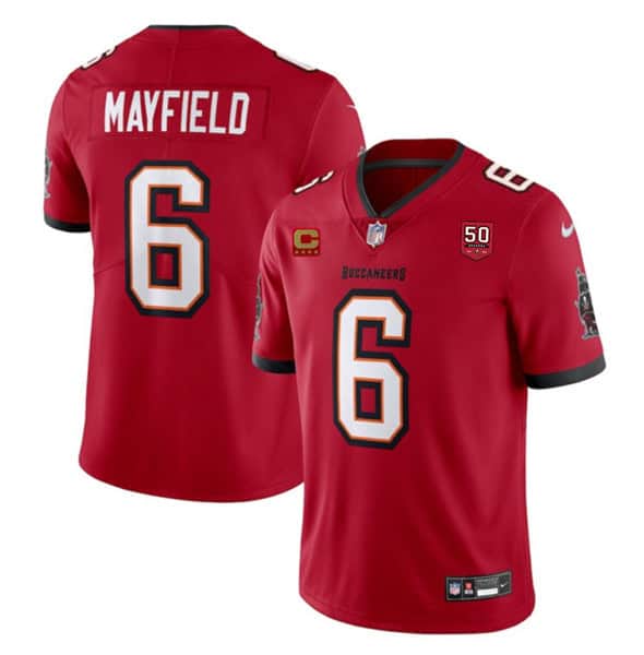 Tampa Bay Buccaneers #6 Baker Mayfield Red 2025 50th Anniversary Patch And 4-Star C Patch Vapor Untouchable Limited Football Stitched Jersey