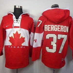 Olympic CA. #37 Patrice Bergeron Red Sawyer Hooded Sweatshirt Stitched Jersey