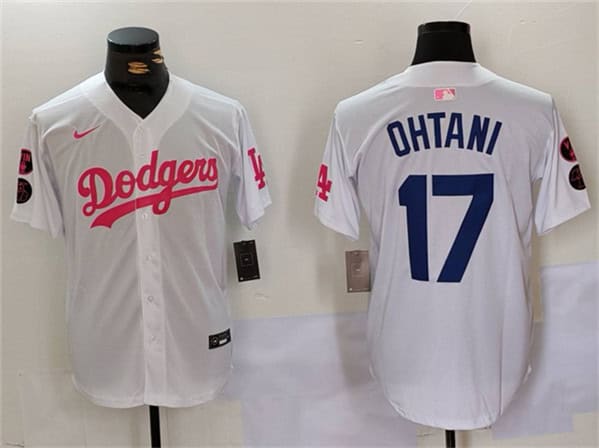 Los Angeles Dodgers #17 Shohei Ohtani White Pink Vin Kobe Patch Stitched Jersey