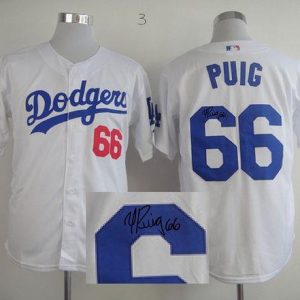 Dodgers #66 Yasiel Puig White Cool Base Autographed Stitched Jersey