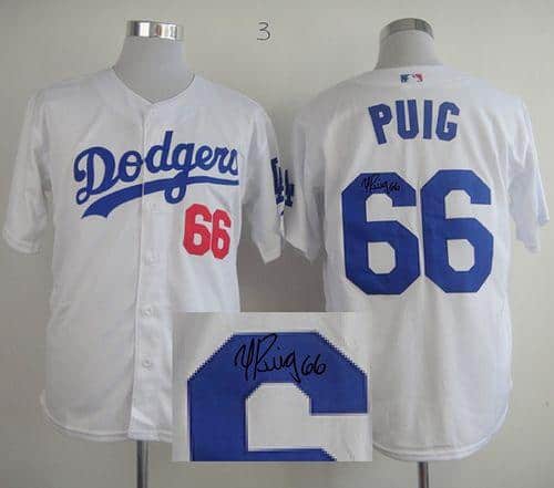 Dodgers #66 Yasiel Puig White Cool Base Autographed Stitched Jersey