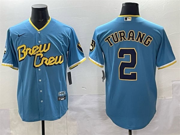 Milwaukee Brewers #2 Brice Turang Powder Blue City Connect Cool Base Stitched Jersey