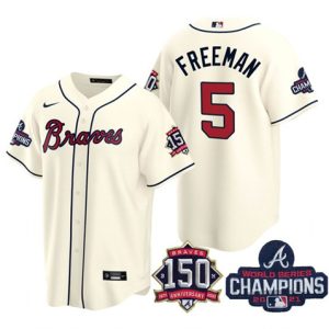 Atlanta Braves #5 Freddie Freeman 2021 Cream World Series Champions With 150th Anniversary Patch Cool Base Stitched Jersey