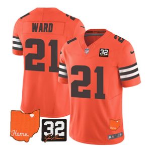 Cleveland Browns #21 Denzel Ward Orange 2023 F.U.S.E. With Jim Brown Memorial Patch Vapor Untouchable Limited Stitched Jersey