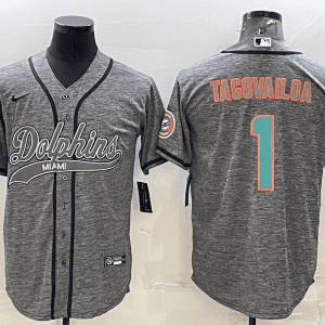 Miami Dolphins #1 Tua Tagovailoa Grey With Patch Cool Base Stitched Baseball Jersey