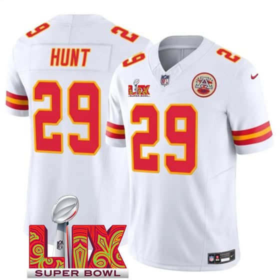 Kansas City Chiefs #29 Kareem Hunt White 2025 F.U.S.E. Super Bowl LIX Patch Vapor Untouchable Limited Stitched Jersey