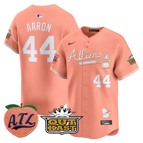 Atlanta Braves #44 Hank Aaron Peach 2024 Atliens Peach With Outkast Patch Vapor Limited Stitched Jersey