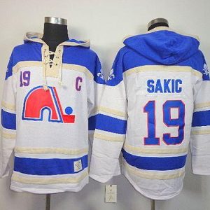 Nordiques #19 Joe Sakic White Sawyer Hooded Sweatshirt Stitched Jersey