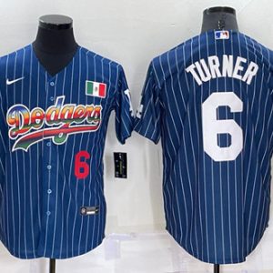 Los Angeles Dodgers #6 Trea Turner Navy Mexico Rainbow Cool Base Stitched Baseball Jersey