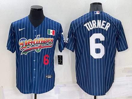 Los Angeles Dodgers #6 Trea Turner Navy Mexico Rainbow Cool Base Stitched Baseball Jersey