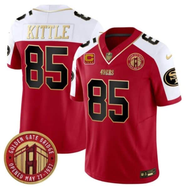San Francisco 49ers #85 George Kittle Red White F.U.S.E. With 4-Star C Patch Golden Gate Bridge Patch Alternate Vapor Limited Stitched Jersey
