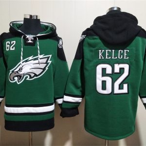 Philadelphia Eagles #62 Jason Kelce Green Lace-Up Pullover Hoodie