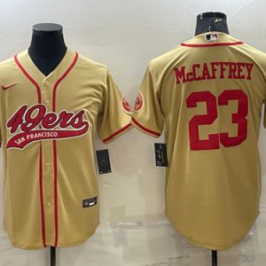 San Francisco 49ers #23 Christian McCaffrey Gold With Patch Cool Base Stitched Baseball Jersey