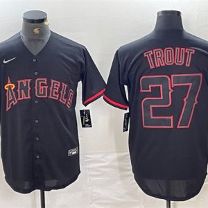 Los Angeles Angels #27 Mike Trout Black Red Cool Base Stitched Jersey