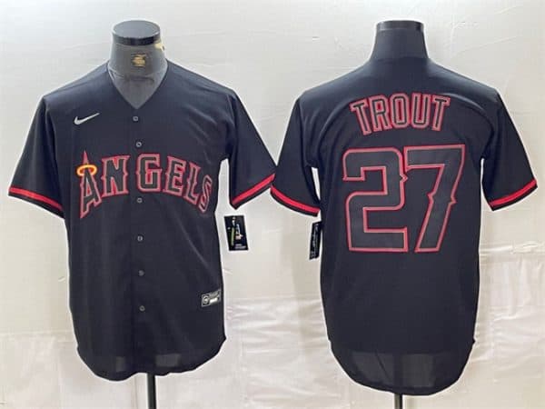 Los Angeles Angels #27 Mike Trout Black Red Cool Base Stitched Jersey