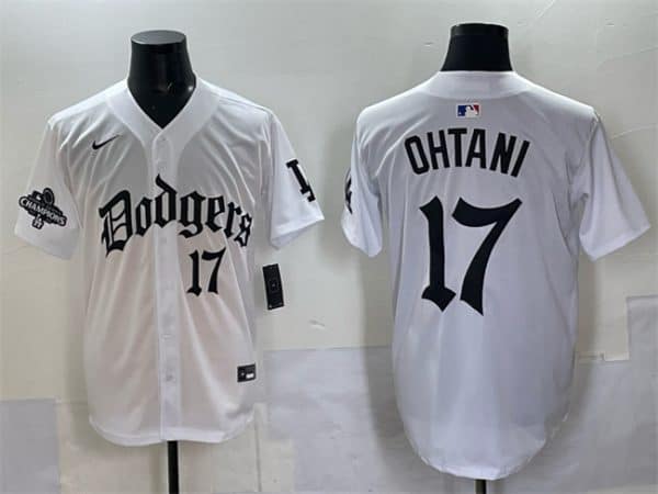 Los Angeles Dodgers #17 Shohei Ohtani White 2025 LA Gothic Style With 2024 World Series Champions Patch Vapor Premier Limited Stitched Jersey