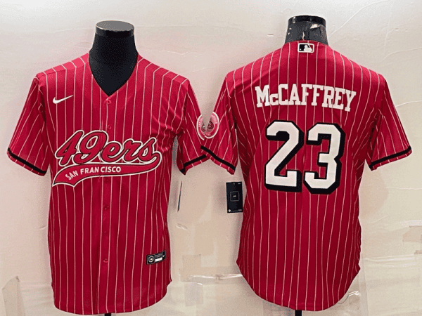 San Francisco 49ers #23 Christian McCaffrey Red With Patch Cool Base Stitched Baseball Jersey