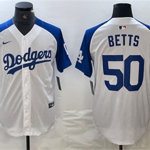 Los Angeles Dodgers #50 Mookie Betts White Blue Vin Patch Cool Base Stitched Jersey
