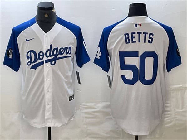 Los Angeles Dodgers #50 Mookie Betts White Blue Vin Patch Cool Base Stitched Jersey