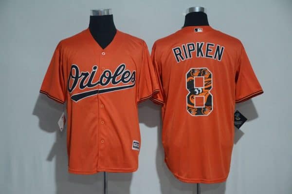 Baltimore Orioles #8 Cal Ripken Orange Team Logo Print Cool Base Stitched Jersey