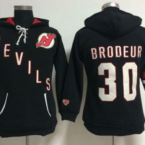 New Jersey Devils #30 Martin Brodeur Black Women's Old Time Heidi NHL Hoodie