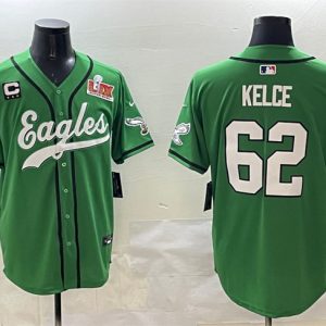 Philadelphia Eagles #62 Jason Kelce Green 2025 Super Bowl LIX And 3-Star C Patch Stitched Jersey