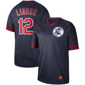 Cleveland Indians #12 Francisco Lindor "Mr. Smile" Navy Cooperstown Collection Legend Stitched Jersey